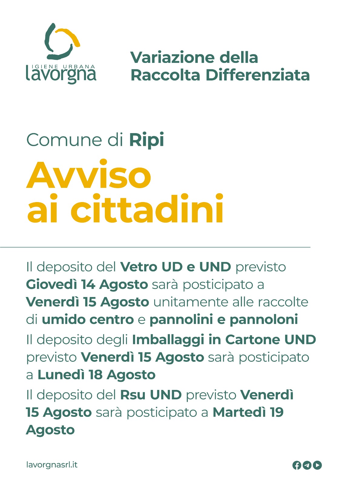 Variazioni della raccolta per la festività del 15 agosto 2025 bis