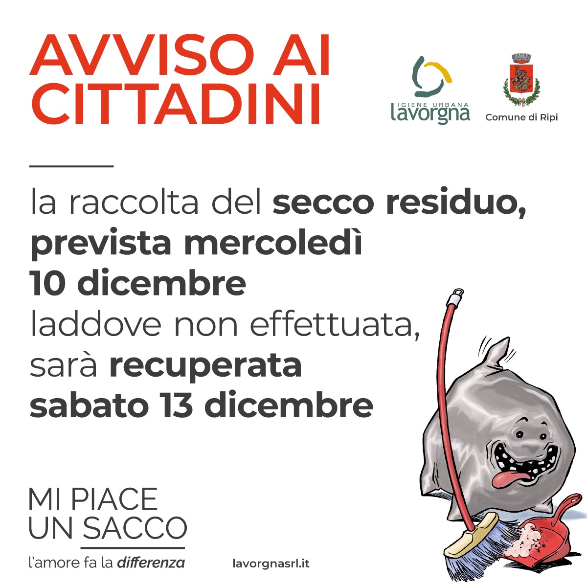 Avviso: raccolta del secco residuo il 13 dicembre