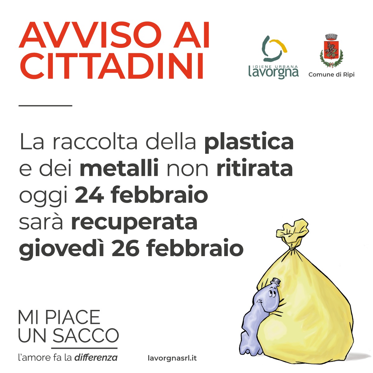 Avviso raccolta plastica e metalli